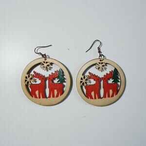 Wooden Deer Christmas Dangling Drop Earrings 2.3"x3.2"